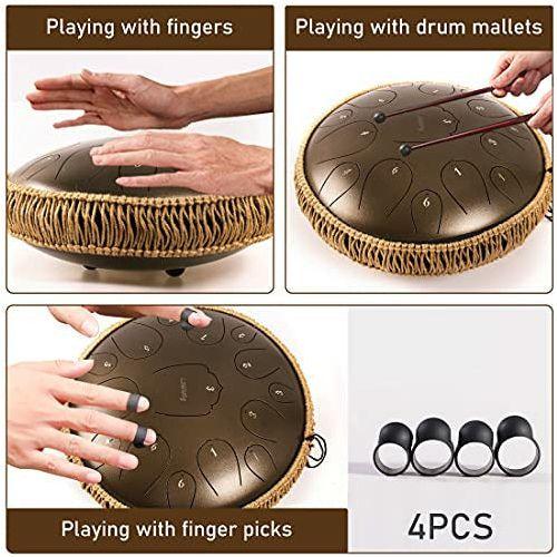 LOMUTY Steel Tongue Drum, D Key 15 Notes 13 Inches Hand Drum, Percussion Instrument Hand Pan with Drum Set For Music Education(Bronze) 2