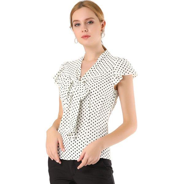 Allegra K Women's Polka Dots Office Shirt Ruffled Sleeve Tie Neck Blouse White S-8 2