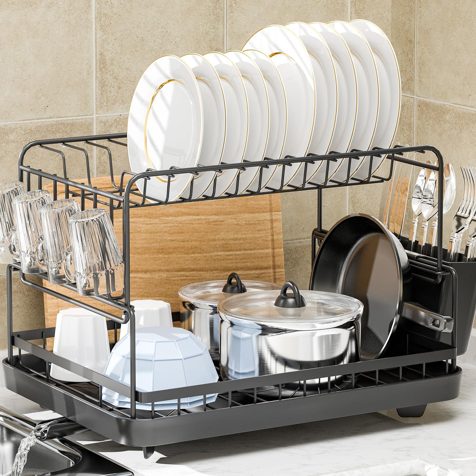 KINGRACK Compact Dish Drying Rack - Dish Drainer with Drip Tray, Durable and Multifunctional Kitchen Drying Rack with 270° Swivel Spout, Sink Dish Rack with Utensil Holder and Cup Rack