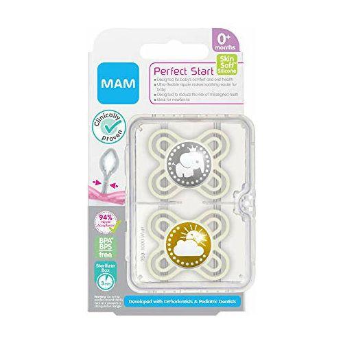MAM Perfect Soothers 0-2 Months (Pack of 2), Thinner and Softer Baby Soothers with Self Sterilising Travel Case, Newborn Essentials, Green/White (Designs May Vary) 3