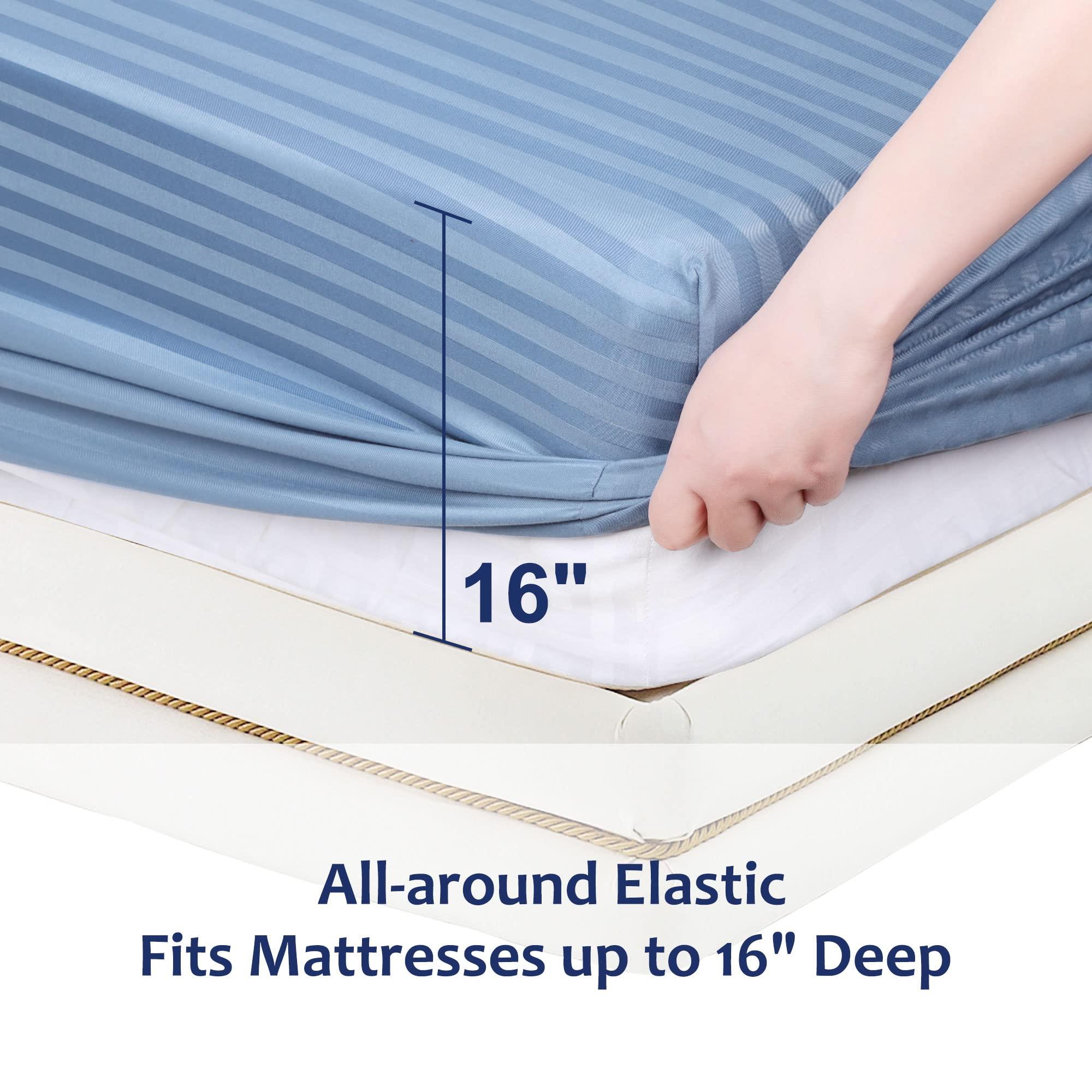 PiccoCasa 100GSM Microfiber Striped Bed Fitted Sheet, 16 Inch Deep Pocket Bed Mattress Cover, Durable Soft Breathable Wrinkle Resistant Bottom Sheets Steel Blue Single 3