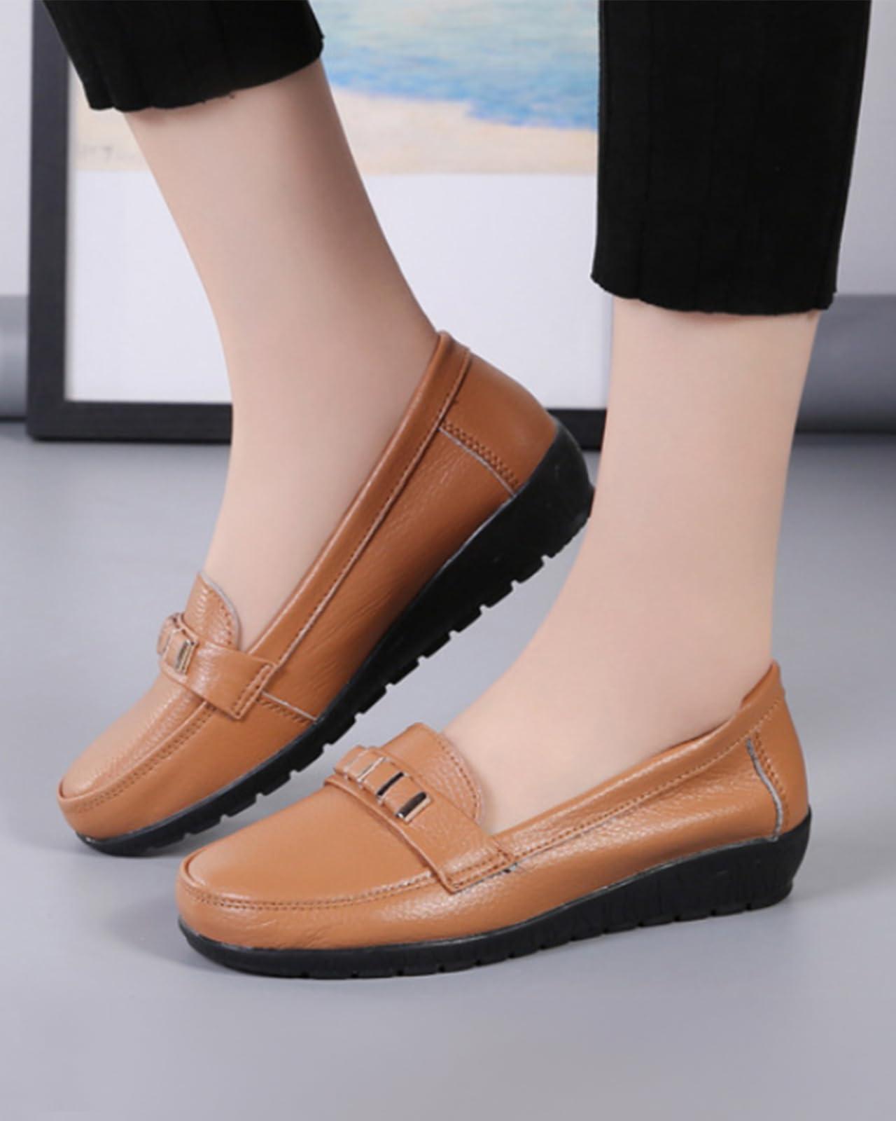 Womens Loafers Wedge Heels Soft Nursing Shoes Breathable Flats Comfy Slip-on Fashion Party Court Shoe Cowhide Loafers Brown 4