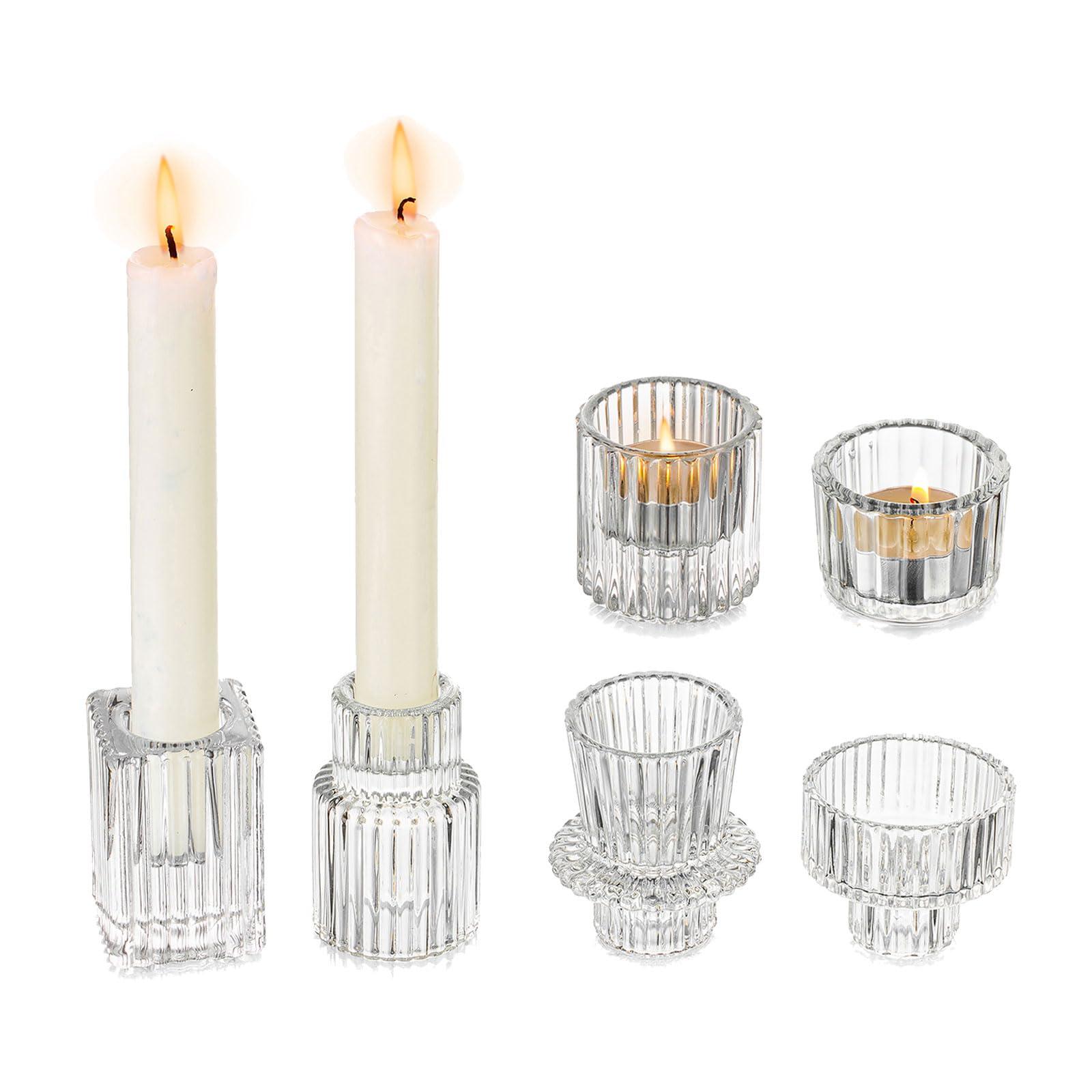 Glasseam Clear Glass Candlestick Holders, 2 in 1 Ribbed Tealight Holders Set of 6, Modern Tea Light Candle Holders for Wedding Centrepiece, Small Taper Candle Holder for Home Dinner Table Birthday