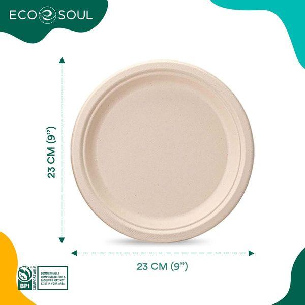 ECO SOUL 100% Compostable 23cm (9") Inch Paper Plates [200-Pack] Disposable Bulk Party Plates I Heavy Duty Eco-Friendly Sturdy Dinner, Wedding, Event Plates I Unbleached Sugarcane Eco Plates 1