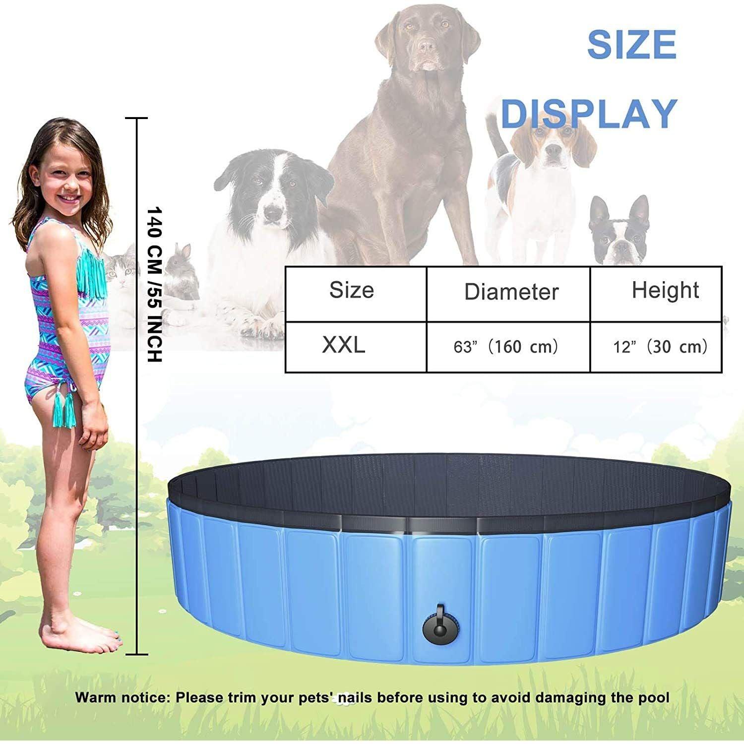 JUOIFIP Foldable Dog Paddling Pool 160x30 cm Extra Large Portable PVC Non-slip Swimming Bathing Tub for Pets & Kids Outdoor/Indoor Garden Backyard(Bonus Pet Bath Brush and Chew Toy) 1