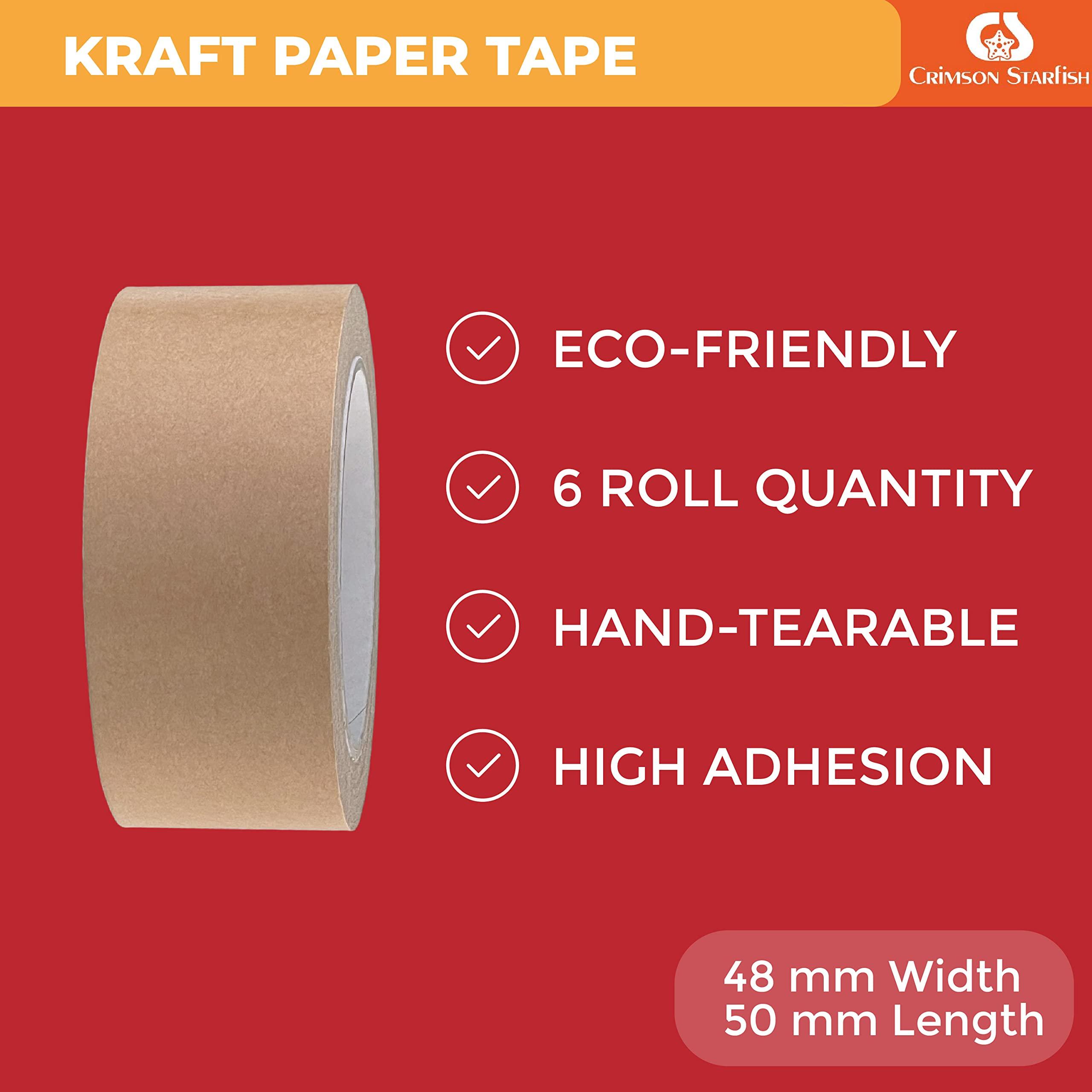 Crimson Starfish 6 Brown Paper Tape | Package Tape Rolls of 48mm x 50m | Brown Kraft Tape | Brown Tape for Picture Framing, Packaging Parcels & Cardboard Boxes | High Adhesion & Long-Lasting 1