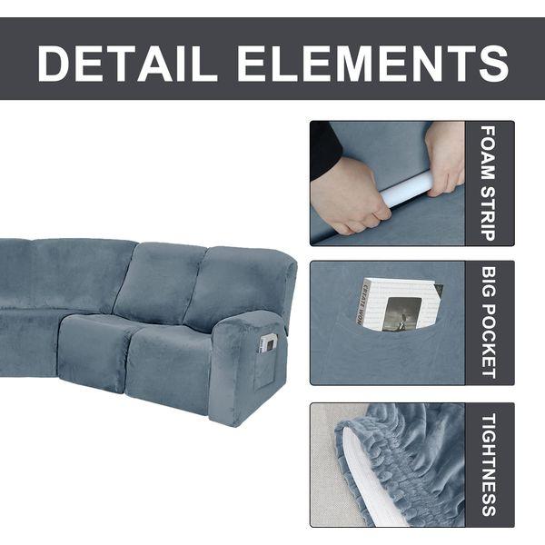 EURHOWING 7-Piece L Shape Sectional Recliner Sofa Covers 4 Seater & 1 Corner Seat,Velvet Stretch Reclining Couch Cover Slipcover for Reclining L Shape 5 Seat Recliner Corner Sofa(Grey Blue,Velvet) 1