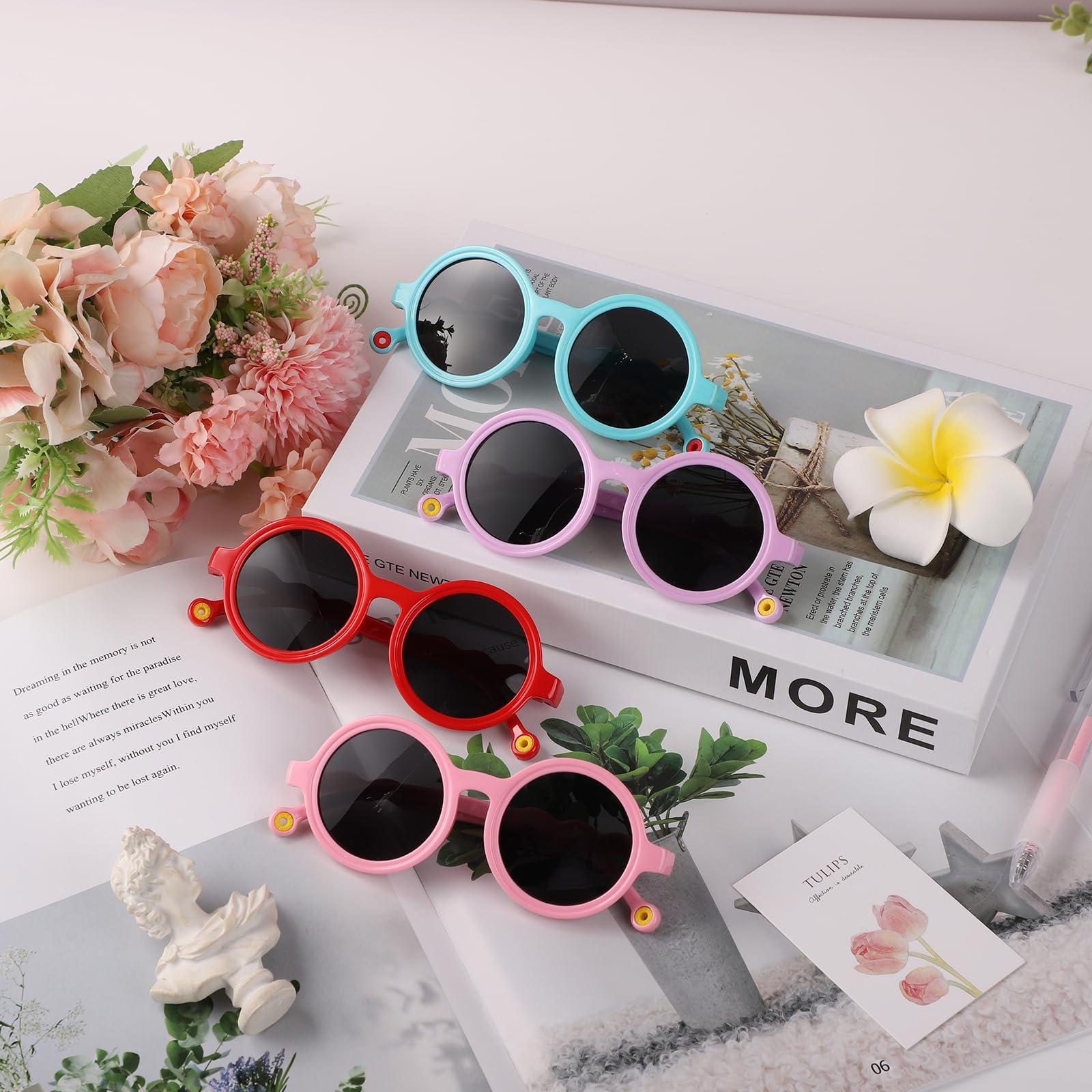 LUTER 4pcs Colored Frame Sunglasses, Elastic Rubber Polarized Sunglasses for Kids Stylish Colorful Sunglasses Party Favors for Kids Outdoors Activities (Blue, Purple, Pink, Red) 2