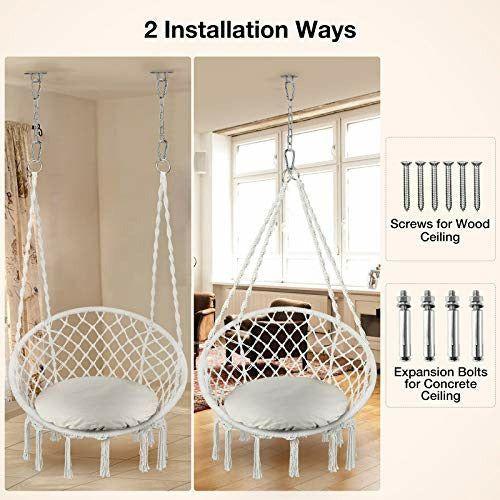 Greenstell Hammock Chair Macrame Swing with Hanging Kits, Hanging Cotton Rope Swing Chair, Comfortable Sturdy Hanging Chairs for Indoor,Outdoor,Bedroom,Patio,Yard, Garden,Home,290LBS Capacity (Beige) 1