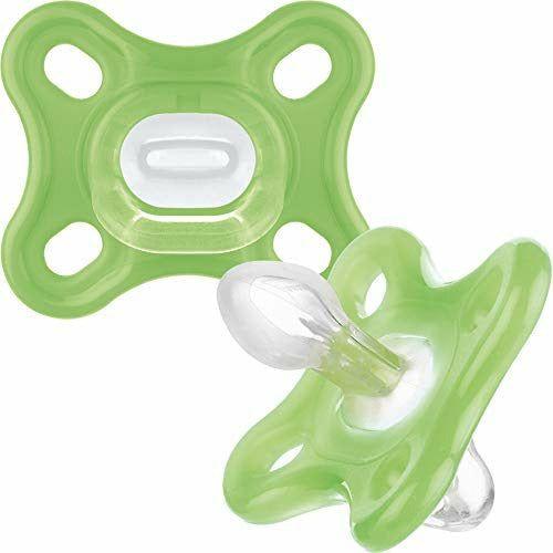 MAM Comfort All-Silicone Soothers 0 Months + (Pack of 2), Soft and Light soother, Premature and Newborn Essentials, with Self Sterilising Travel Case, Green 0
