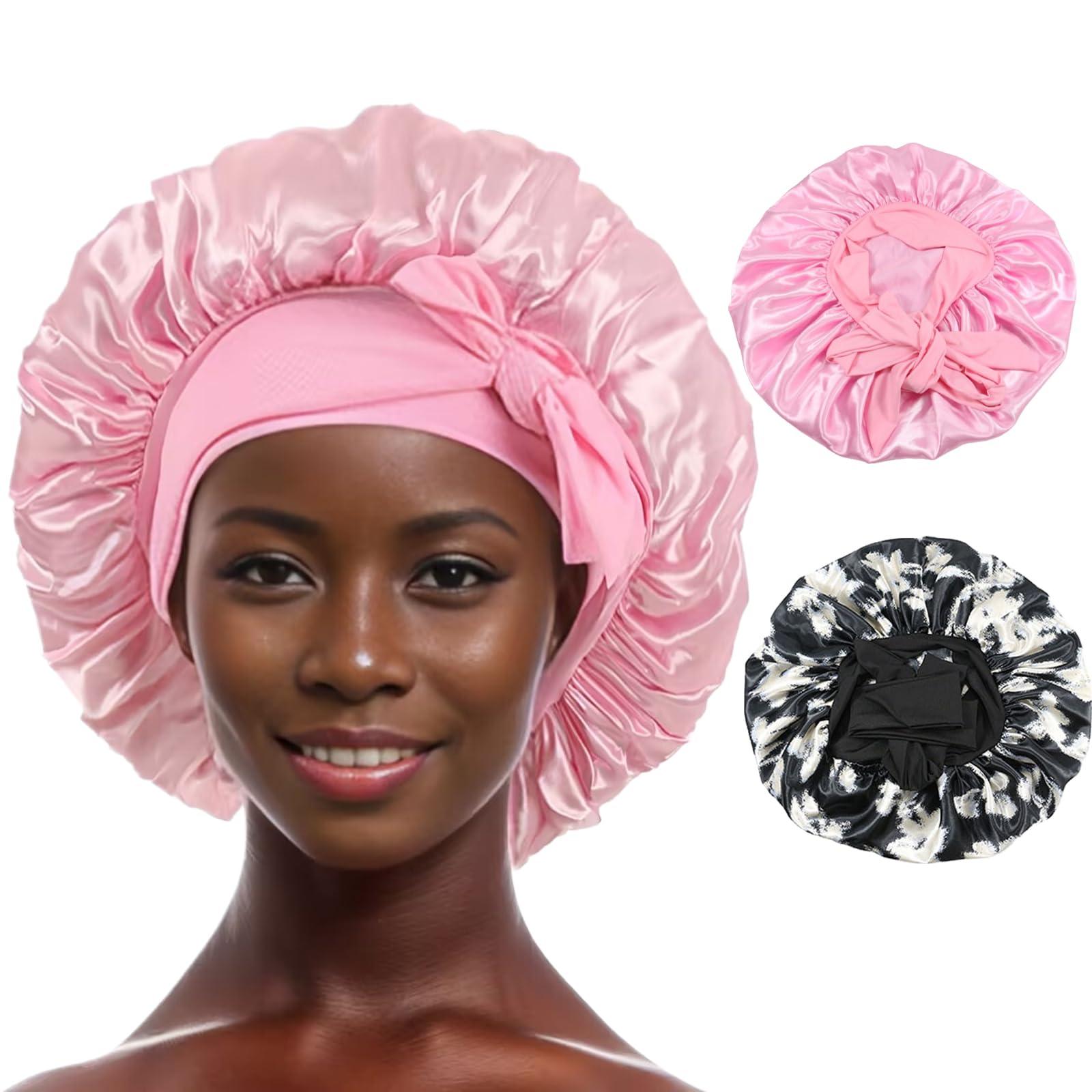 QYZT 2 Pcs Satin Bonnet, Silk Hair Wrap Hair Bonnet for Sleeping, Satin Bonnet for Curly Hair Satin Sleep Cap Hair Bonnet with Tie Band for Long Curly Braid Hair Bath