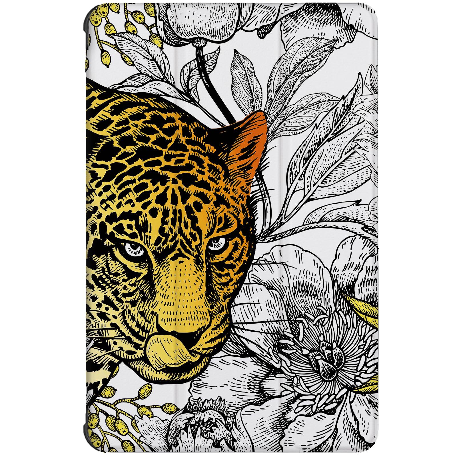 Berkin Arts Samsung Galaxy Compatible with Tab S8 Ultra Case 14.6 inch Model SM-X900/X906 Tri-Fold Stand Cover Maximalism Leopard Peonies Floral Pattern Animal Beast 0