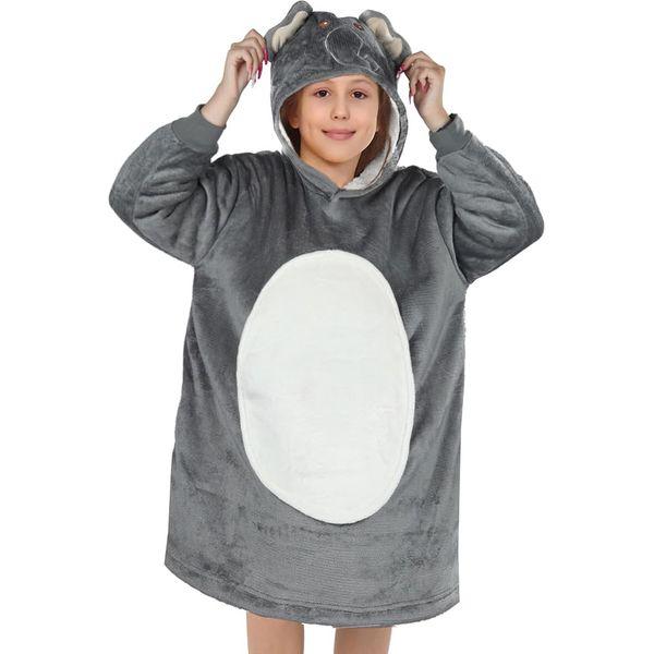 Queenshin Elephant Wearable Blanket Hoodie,Oversized Sherpa Comfy Sweatshirt for Kids Girls Boys 7-16 Years,Warm Cozy Animal Hooded Body Blanket Grey 0