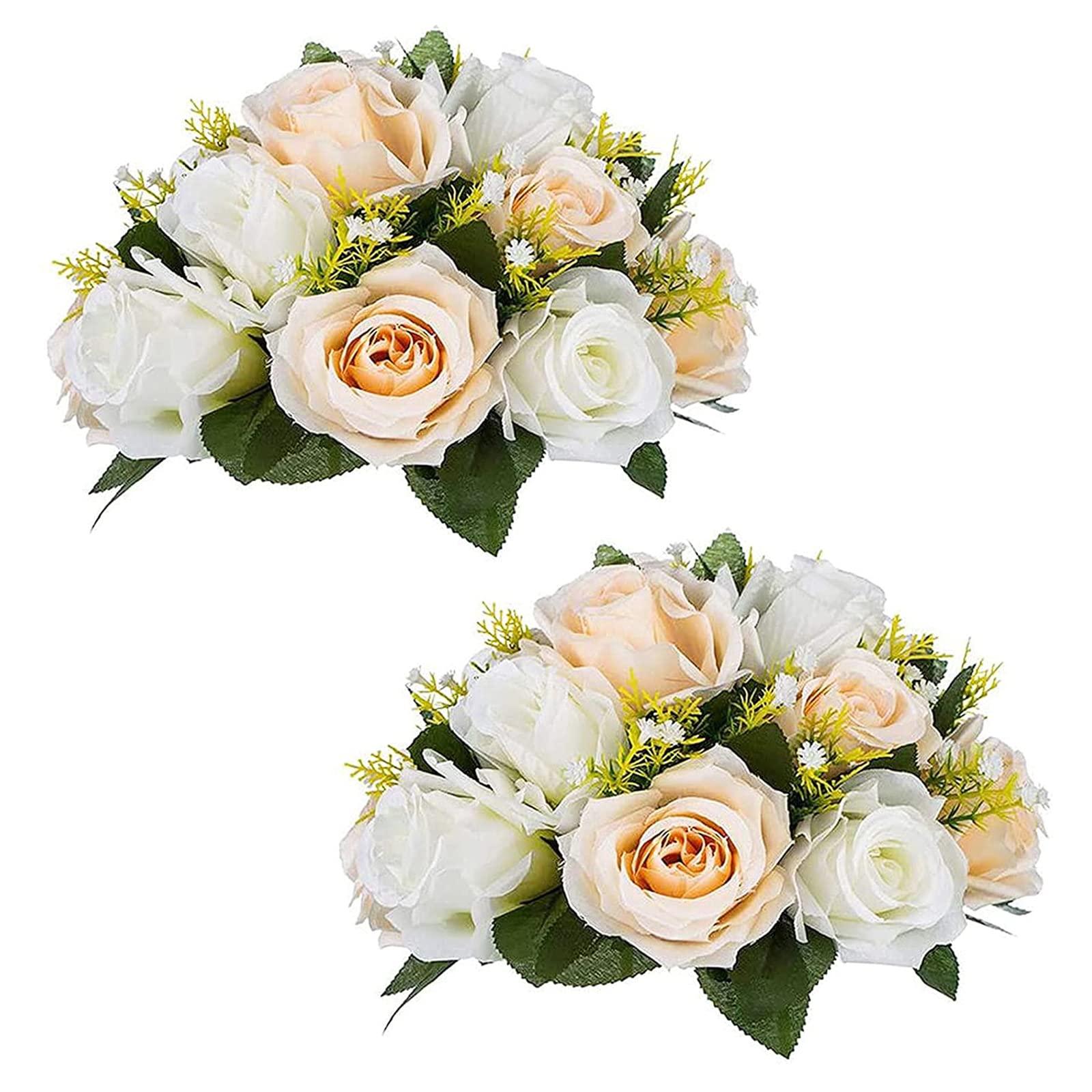 BLOSMON Flower Centerpieces for Tables Wedding 2 Pcs Champagne & White Fake Flowers with Base Rose Balls Arrangement Bouquet Floral Centerpiece Artificial Wedding Center Pieces of Home Party Decor 0