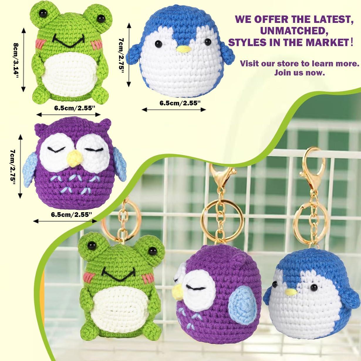 IFUNY Crochet Kit for Beginners Adults,Crochet Animal Kit, Complete Knitting Kit with Yarn, Crochet Hooks, Step-by-Step Video, Learn to Crochet Starter Kit for Beginners（Owl+Penguin+Frog 4