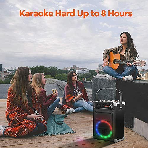 JYX Karaoke Machine with Two Wireless Microphones, Bass/Treble Adjustment and LED Light, Support TWS, AUX In, FM Radio, REC, Supply for Party/Meeting/Wedding - Black 4