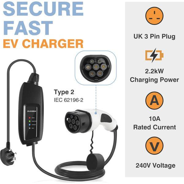 Keruida EV Charger Type 2 UK 3 Pin Plug 13A, 6 M Type 2 Charging Cable 3kW Portable Electric Vehicle Car Charger EVSE Home EV Charging Station Adjustable Current 8/10/13Amp, 220V-240V, IEC 62196 1