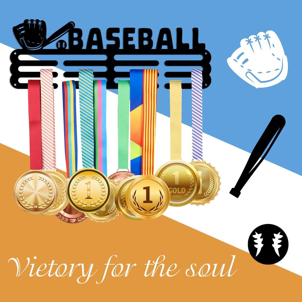 NBEADS Baseball Medal Holder, Medal Display Hanger Rack Black Sturdy Iron Metal Wall Mounted for over 60 Medals Sports Medal Hanger and Ribbon Display Holder Rack with Easy Hanging Bars 4