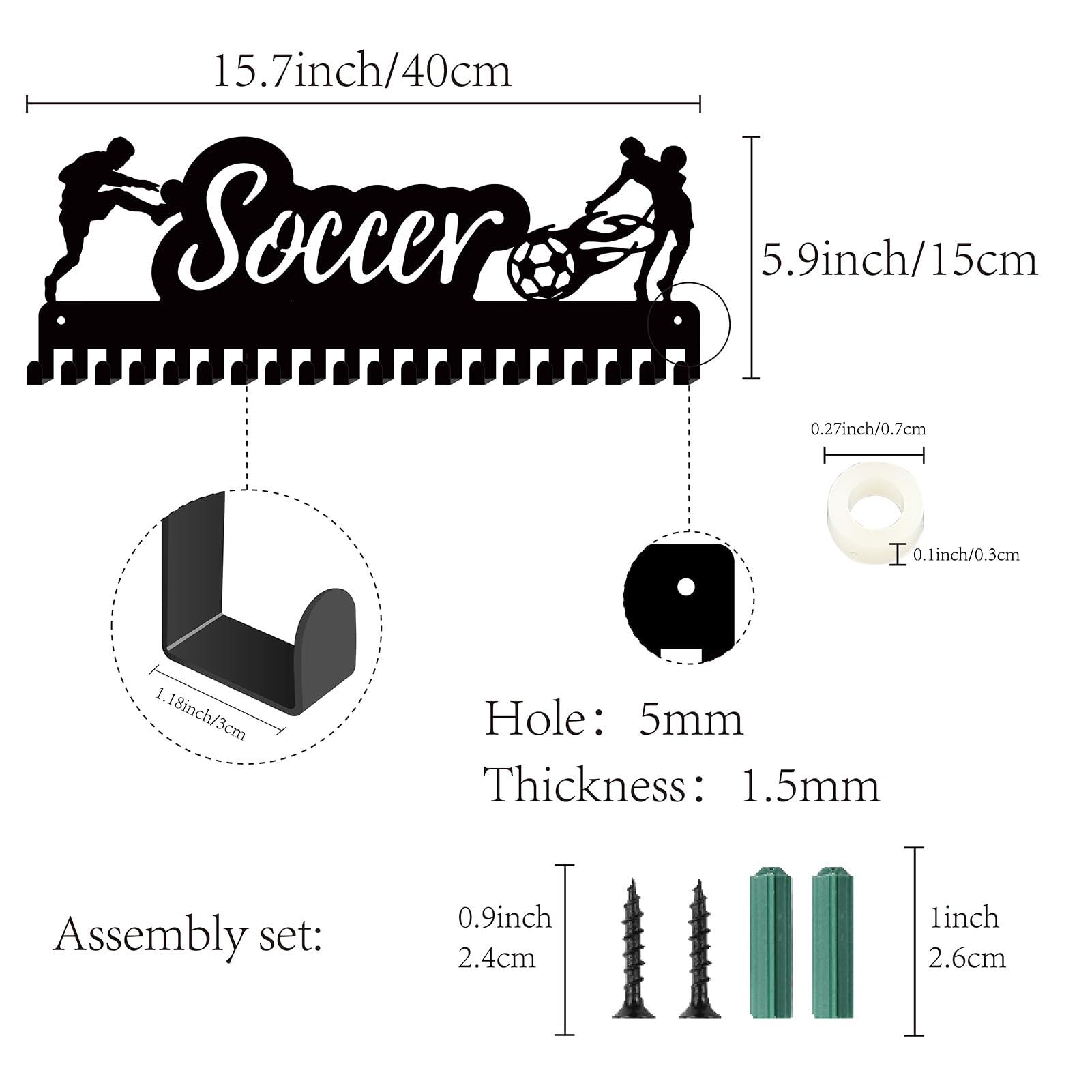 CREATCABIN Soccer Iron Medal Holder Frame Medals Display Hanger Rack Black Medal Shelf Stand Medal Rack Organizer Decor Wall Mounted Hanging with 20 Hooks for Football Athlete Sporter 6 x15.7Inch 1