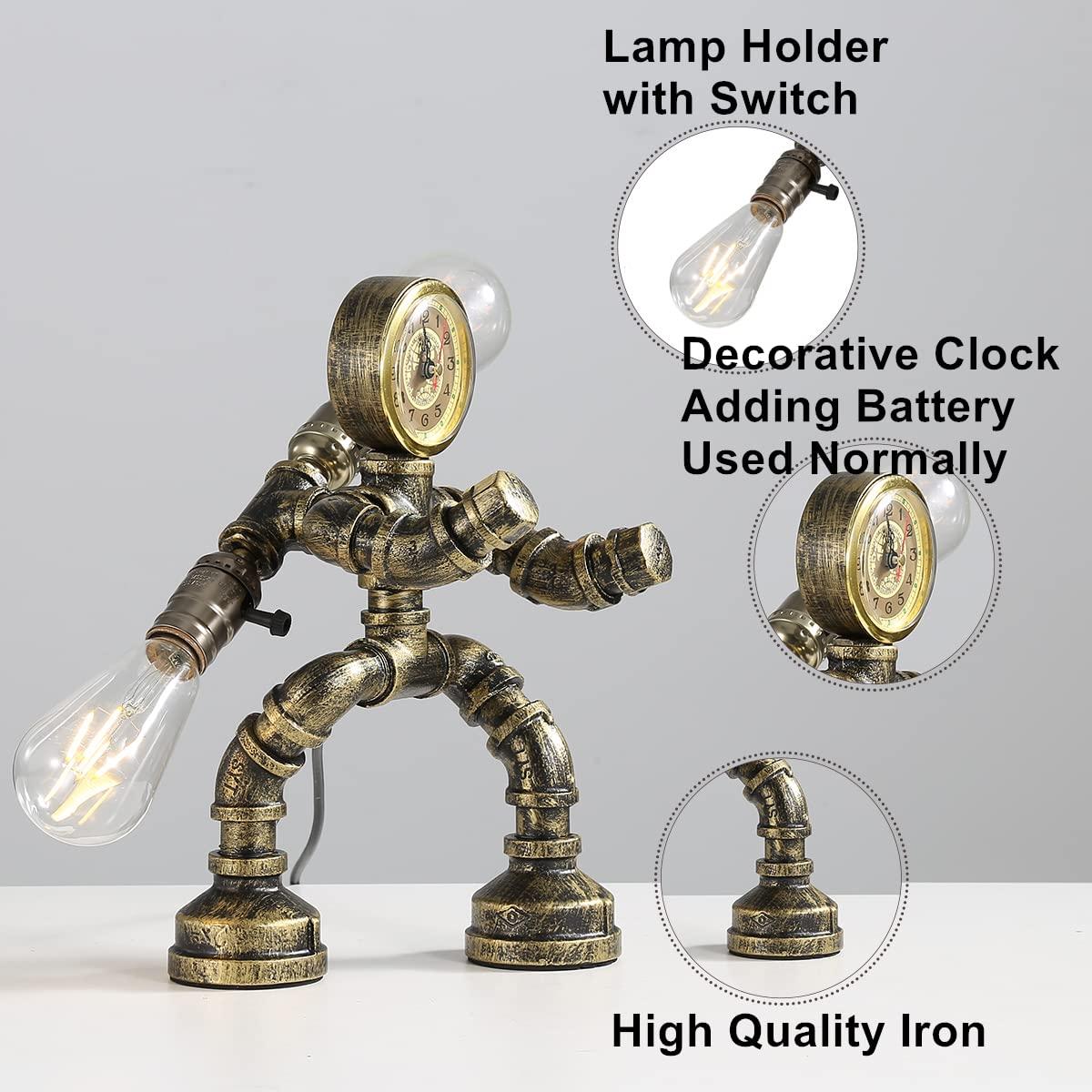 Kaj Hejmo Water Pipe Table Lamp Robot Style- Retro Industrial Steampunk Rustic Table Light- Vintage Farmhouse Desk Lamp for Bedroom,Office, Bedside, Nightstand, Baror or Shop (Bronze-Style F) 1