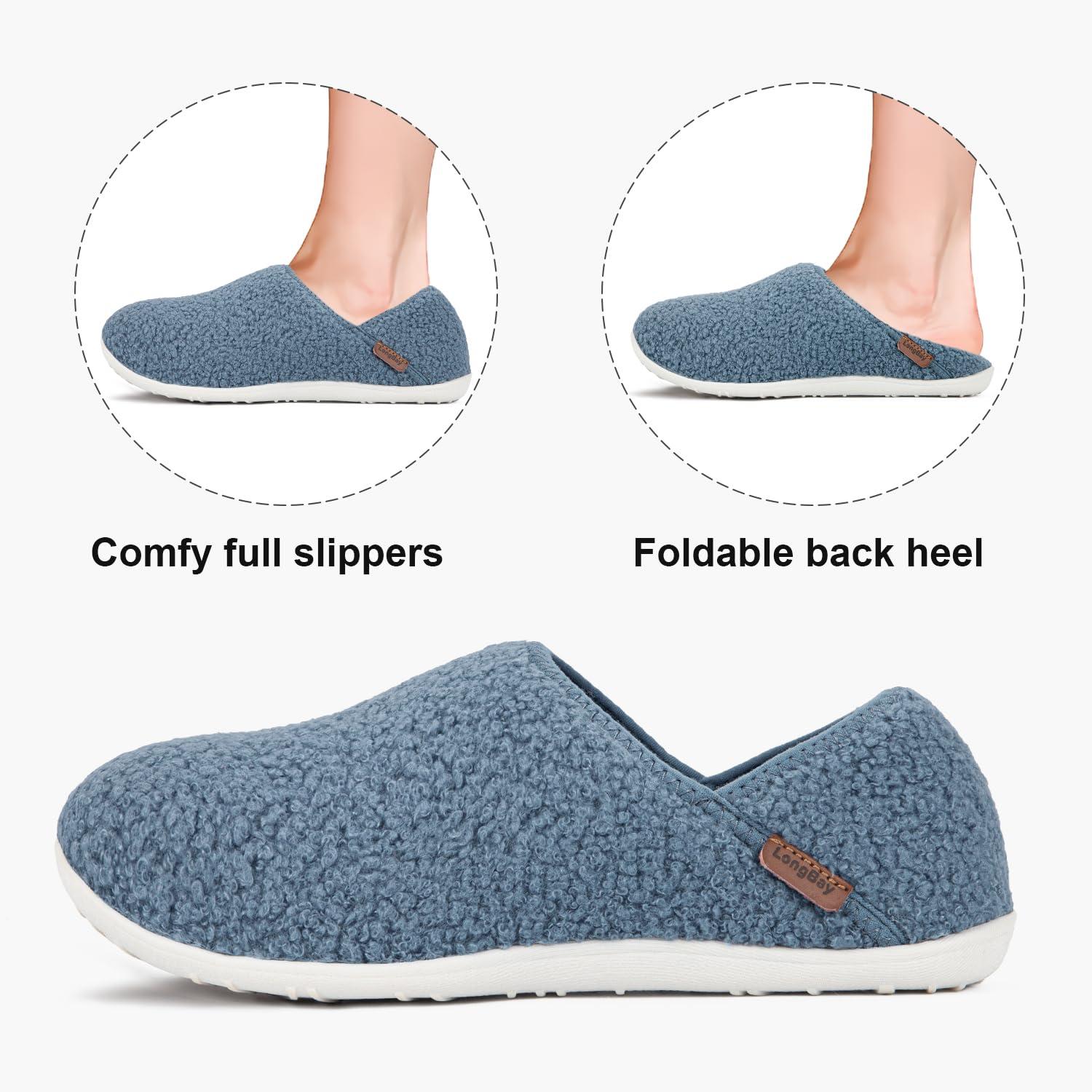 LongBay Women's Fuzzy Fur Slippers Lightweight Memory Foam House shoes for Bedroom, Anti-Slip Blue 3-4 3