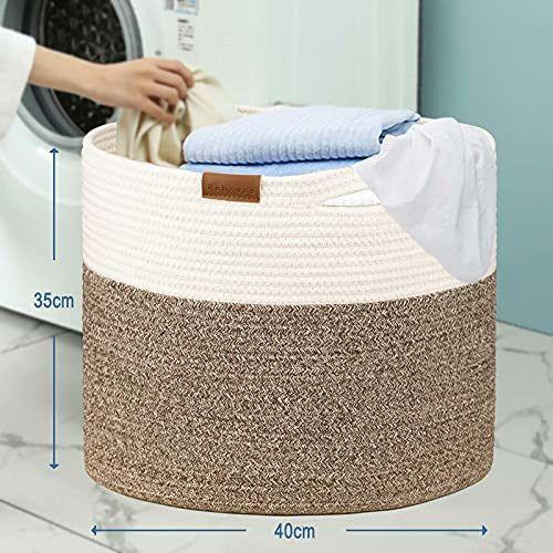 Febzoce Large Cotton Rope Basket with Handles, Woven Storage Basket for Toy Blankets Pillows or Laundry - White/Brown, H35 x D40 CM 4