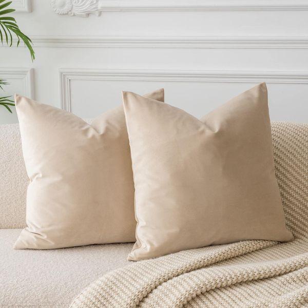 JUSPURBET Khaki Decorative Velvet Throw Pillow Covers 20x20 Inches Set of 2,Luxury Solid Soft Pillow Covers for Sofa Couch Bed 0