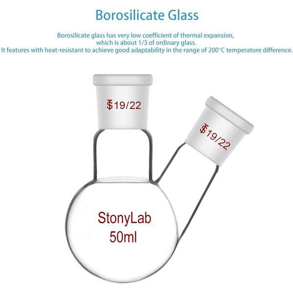 StonyLab Glass 250ml Heavy Wall 2 Neck Round Bottom Flask RBF, with 19/22 Center and Side Standard Taper Outer Joint, 250ml 2