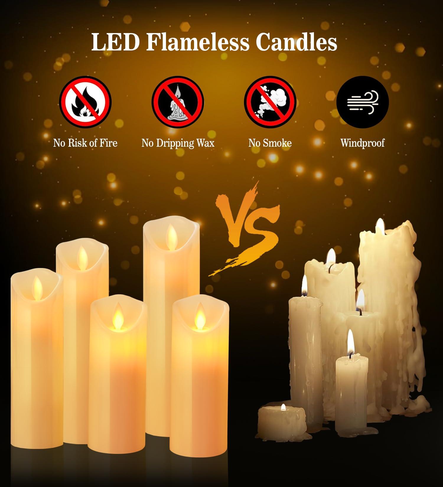 XEMQENER LED Candles, 5PCS Ivory Flameless Candles with Real Wax Candle Pillars, Battery Candles Flickering with Remote Timer Dimmer, Realistic Dancing Flame Fake Candles for Wedding Festival Decor 1