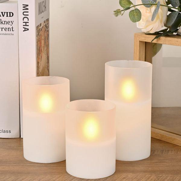 M Mirrowing Flameless Frosted Glass LED Candles, Flickering Flameless LED Candles with 10 Keys, with Remote Control and Timer, Battery Operated Flameless Pillar Candles in Glass Holder, Set of 3 4