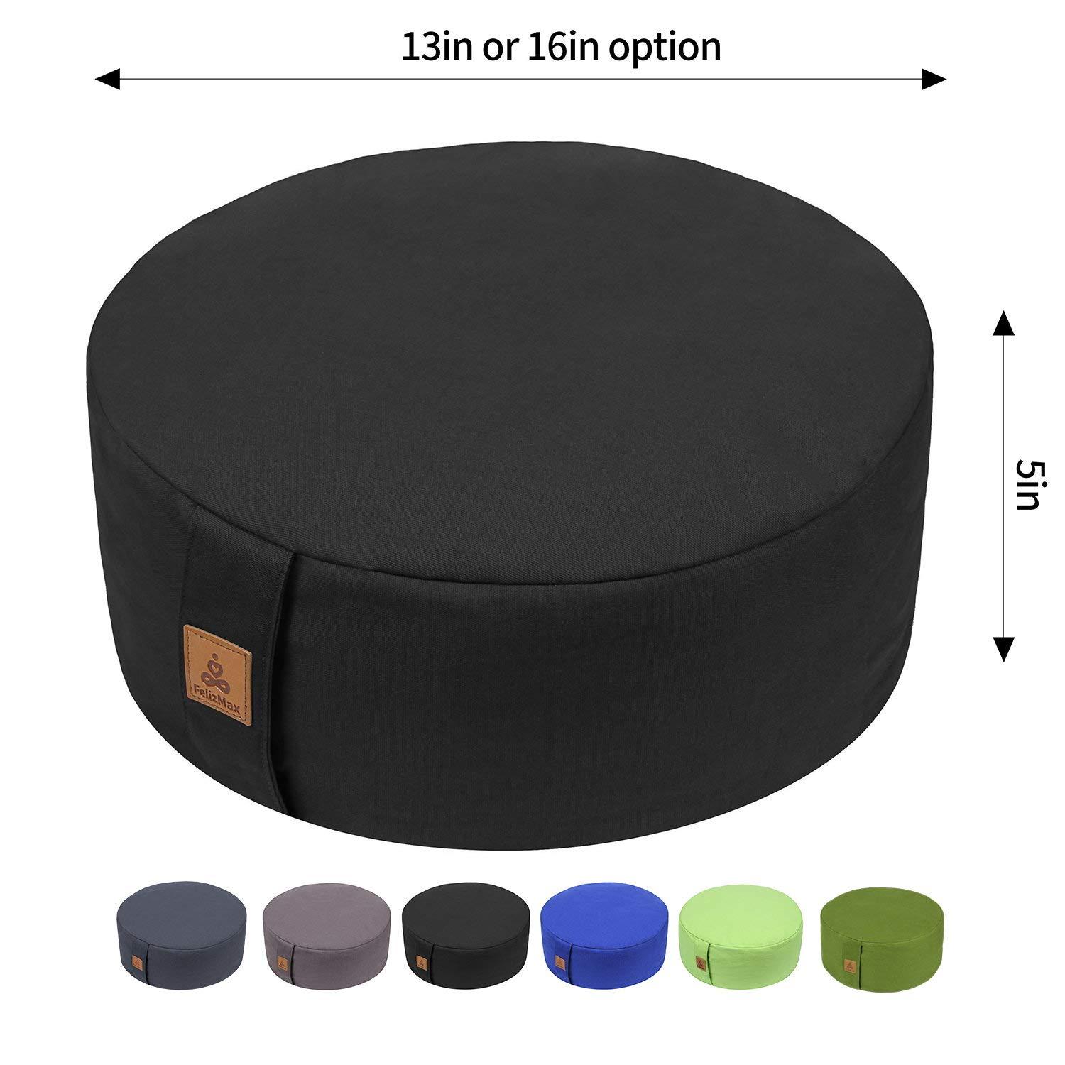 FelizMax Zafu Buckwheat Meditation Cushion,D=33cm/41cm H=14cm,Round Zabuton Meditation Pillow,Yoga Bolster Kneeling Pillow Premium Yoga Pillow Sitting on Floor Zippered Cotton Cover-41cm, Black 4