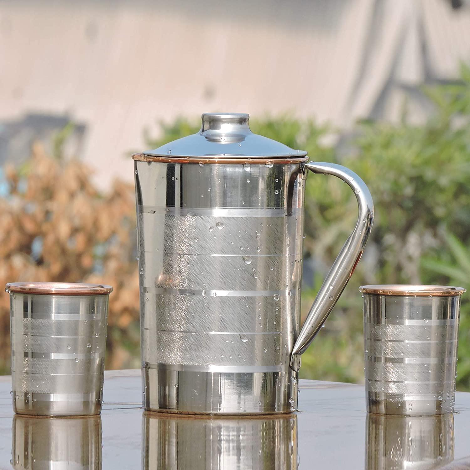 Stainless Steel and Pure Copper Water Pitcher with Matching Tumblers | Steel and Copper Pitcher for Drinking Ayurvedic Water (57.48 fl. Oz.) 2