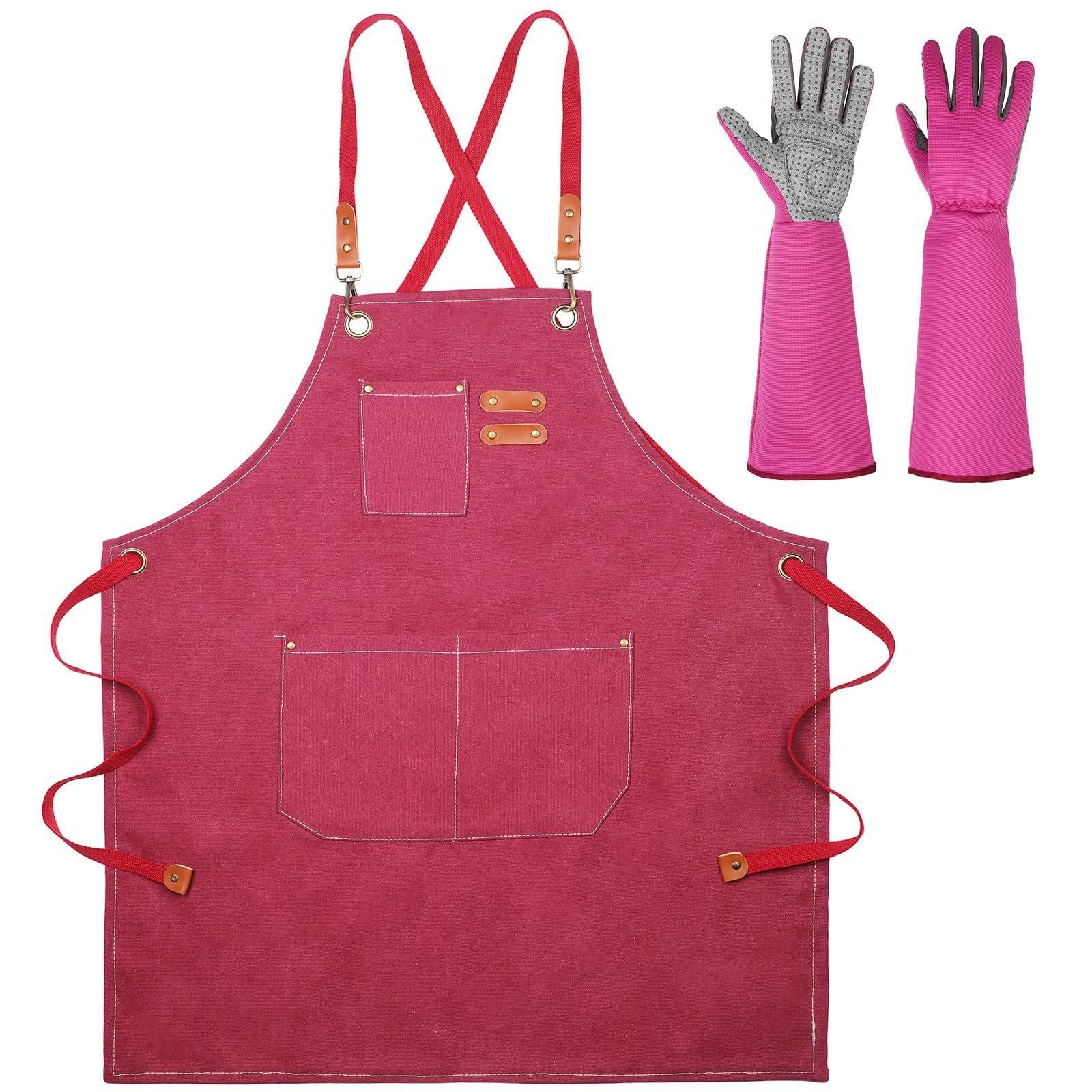 Neer Set of 2 Cooking Aprons Gloves for Women Canvas Apron with Pockets Long Leather Gloves Kitchen Cross Back Apron Red Gardening Gifts for Wife Grandmother 0