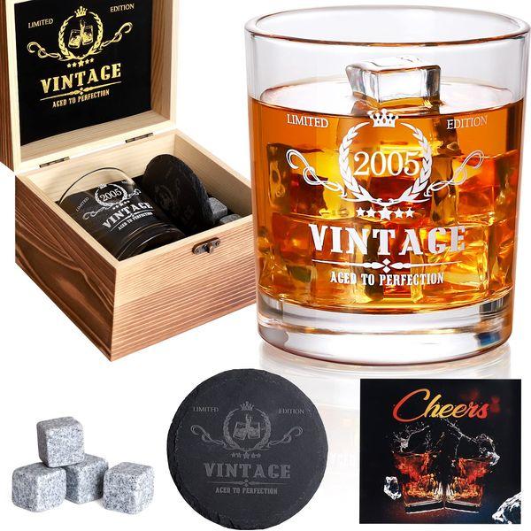 18th Birthday Gifts for Boys, Vintage 2005 Whiskey Glass Set - 18th Birthday Decorations - 18 Years Anniversary, Bday Gifts Ideas for Him, BoyFriend, Friends - Wood Box & Whiskey Stones & Coaster 0