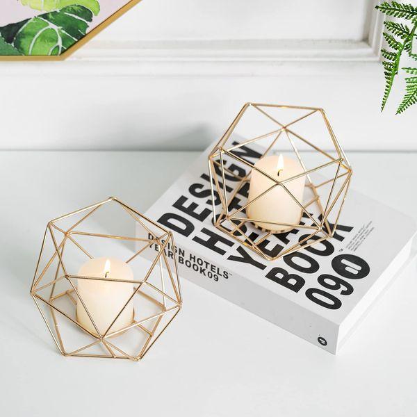 Romadedi Candle Holders Gold Geometric Decor - Tealight Holder for Tea Lights Decorative Candle Stand Accents for Home Table Shelf Mantel Modern Geo Decoration, Wedding Reception Décor, Gold, 6pcs 3