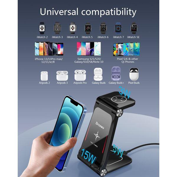 Wireless Charger, DRCOWU 3 in 1 Foldable Wireless Charging Station for iPhone 13 12 11 8/Pro/SE/mini/XR, Samsung S21 S9 S10, Portable Qi Wireless Charger for Apple Watch 7/6/5/4/3/2, AirPods Pro 1