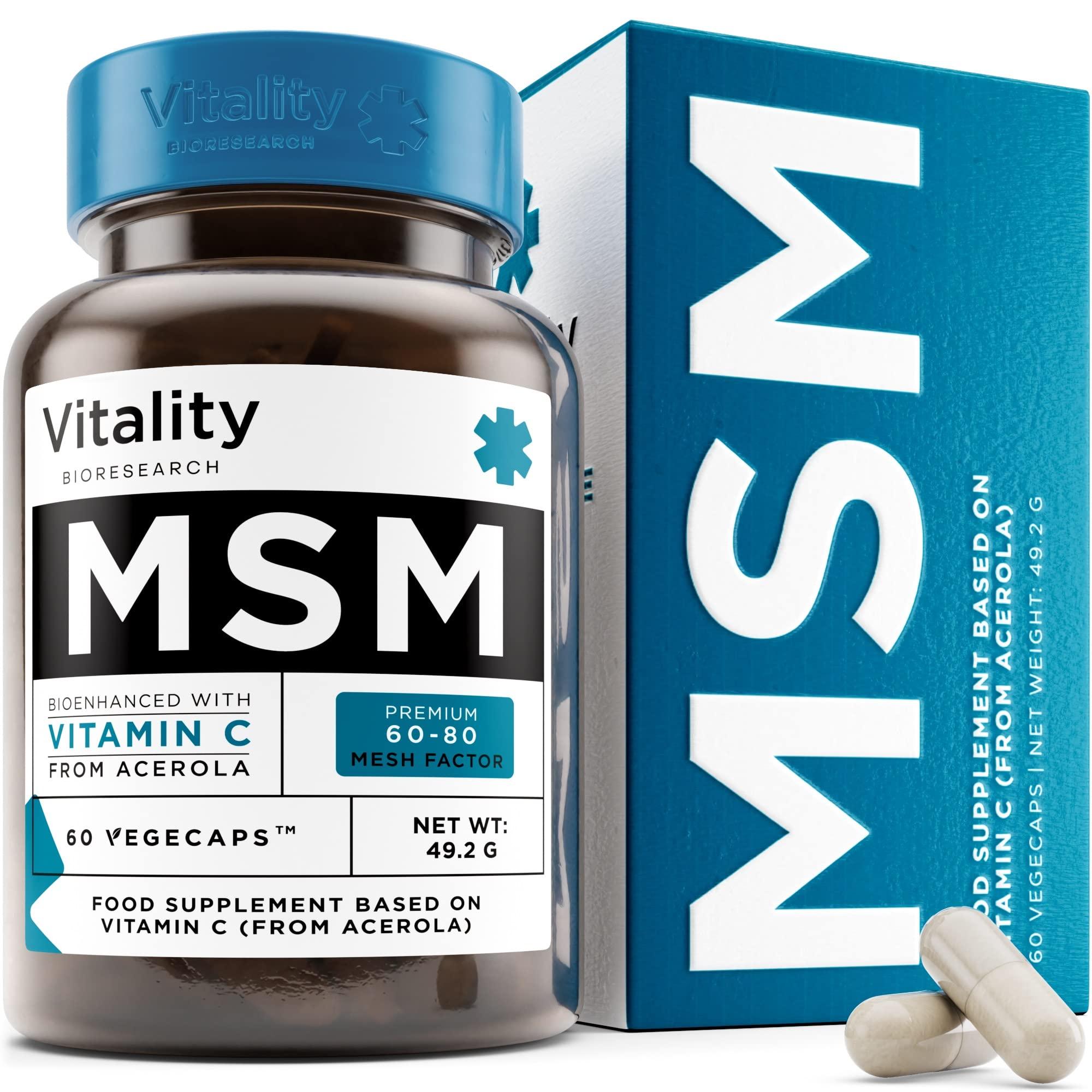 MSM Supplements 1300mg with Vitamin C from Acerola - MSM Nutritional Supplement Supports Joints, Immune System, Muscle Protein Build Up & Collagen Formation, 60 MSM Capsules