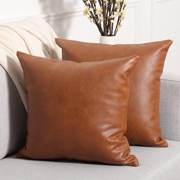 YAERTUN Set of 2 Faux Leather Decorative Throw Pillow Covers Modern Solid Outdoor Cushion Cases Luxury Pillowcases for Couch Sofa Bed 20x20 Inches Brown