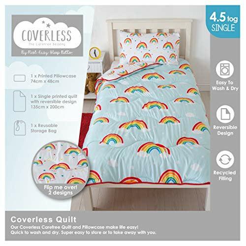 Rest Easy Single Coverless Duvet Bedding | Care Free Reversible Coverless Quilt & Pillowcase | Washable Duvet | Perfect For Travelling & Sleepovers (Single 4.5 tog, Rainbow) 3