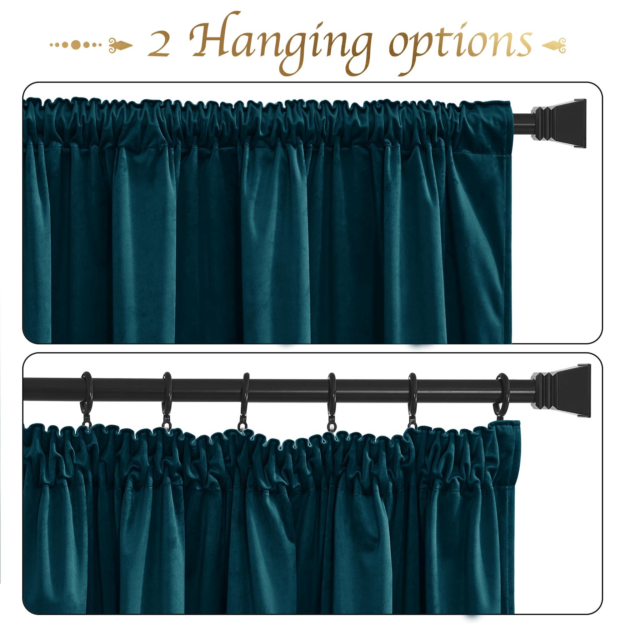 PONY DANCE Blackout Velvet Curtains - Thermal Blackout Curtains Pencil Pleat Drapes for Kids Bedroom 1 Pair of Luxury Elegant Home Decor Window, Rod Pocket Curtains 52x90, Peacock Blue 2