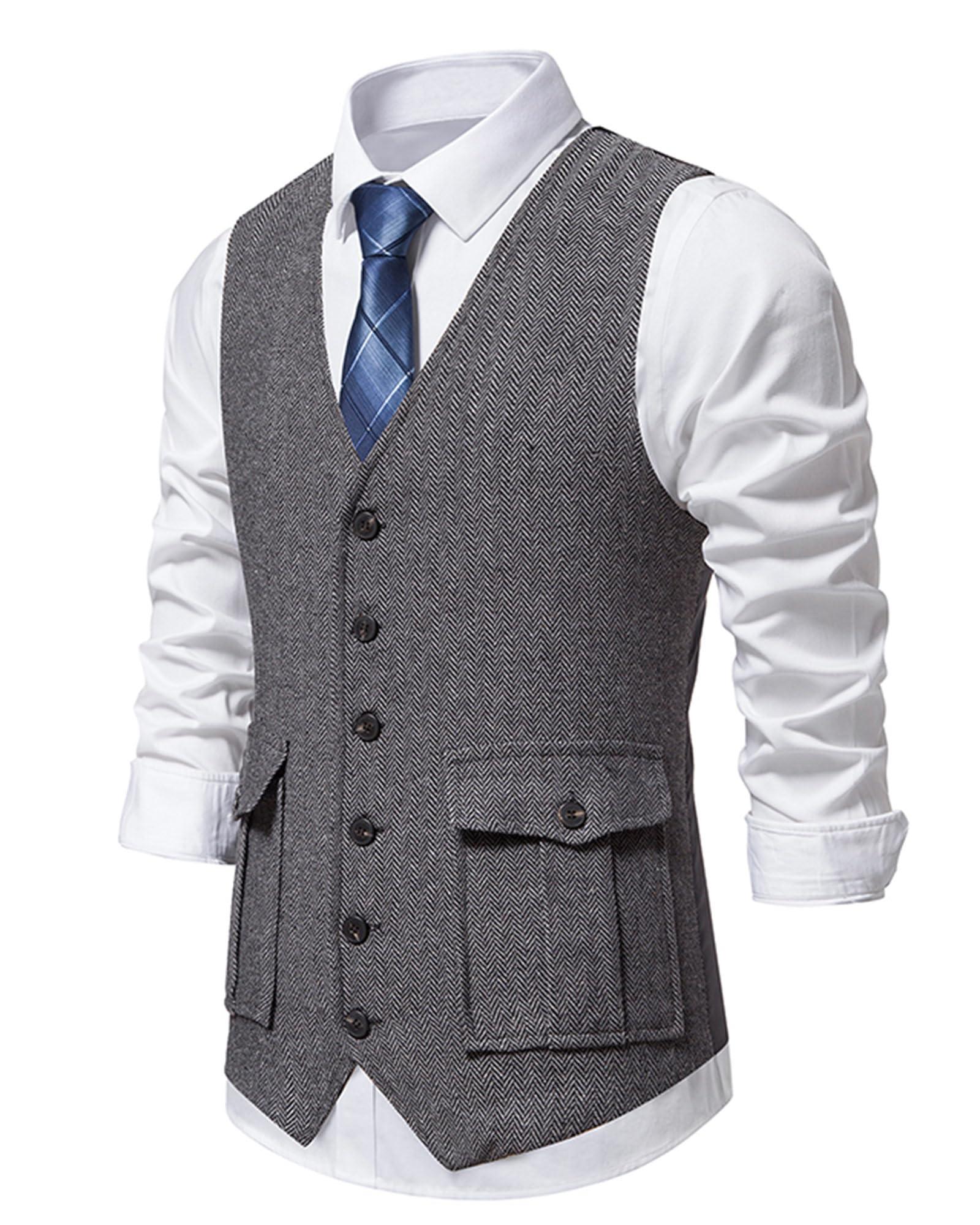 MakingDa Men's Waistcoat V Neck Sleeveless Formal Party Wedding Tweed Waistcoats Classic Business Casual Single-breasted Dress Suit Vest with Pocket-Z-Dark Grey-L 1