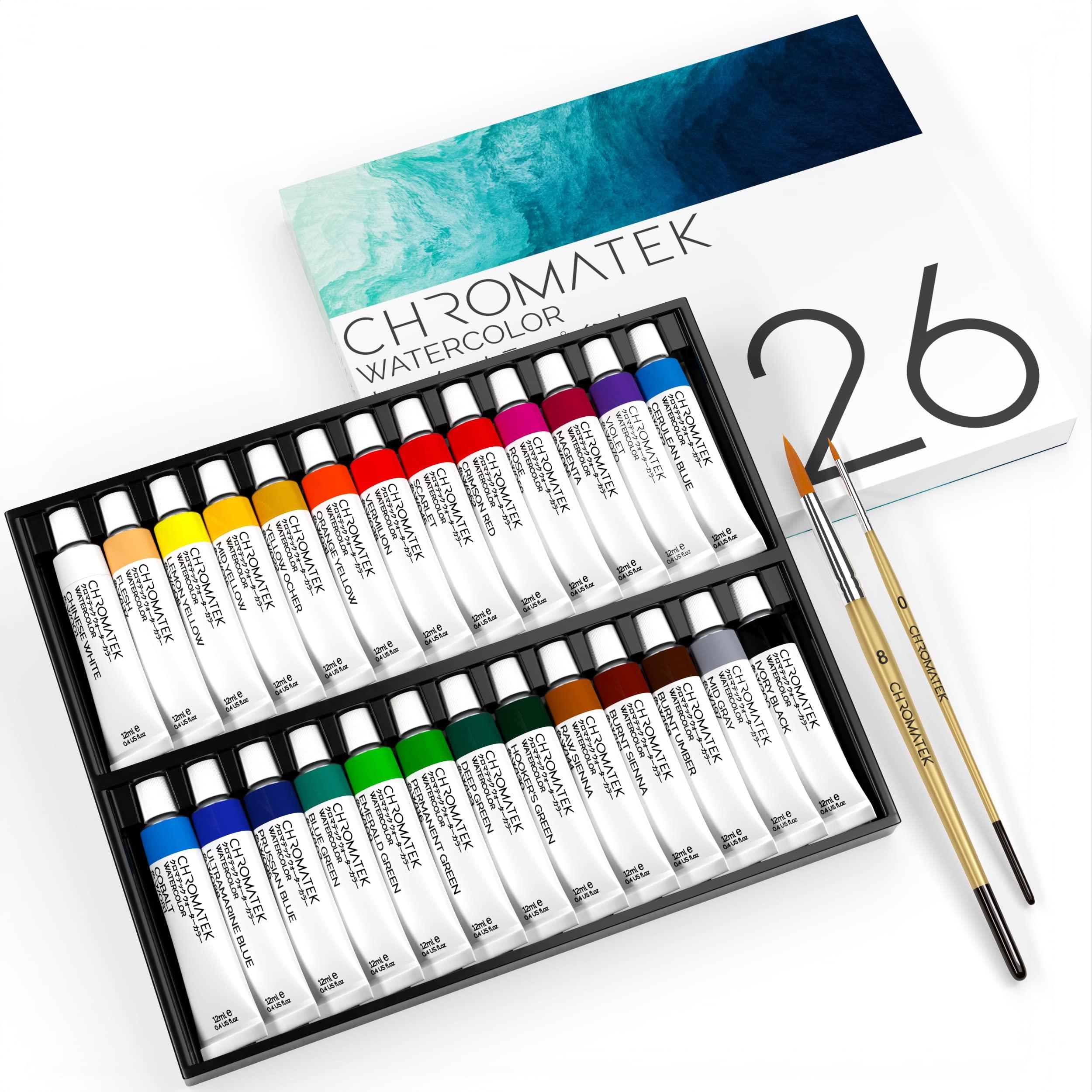 CHROMATEK 26 x 12ml Watercolor Paint Tube Set | 2 x Professional Brushes | Richly Pigmented Vibrant Colors | Adults, Children, Beginners and Artists Paint Set 0