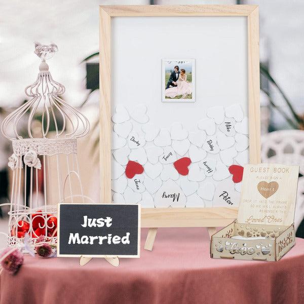 Wedding Guest Book MONCAP Wooden Wedding Drop Top Frame Alternative Guest Book with 106pcs Hearts & Wooden Box & Mini Message Blackboard for Wedding Reception Anniversary Baby Shower Birthday 1