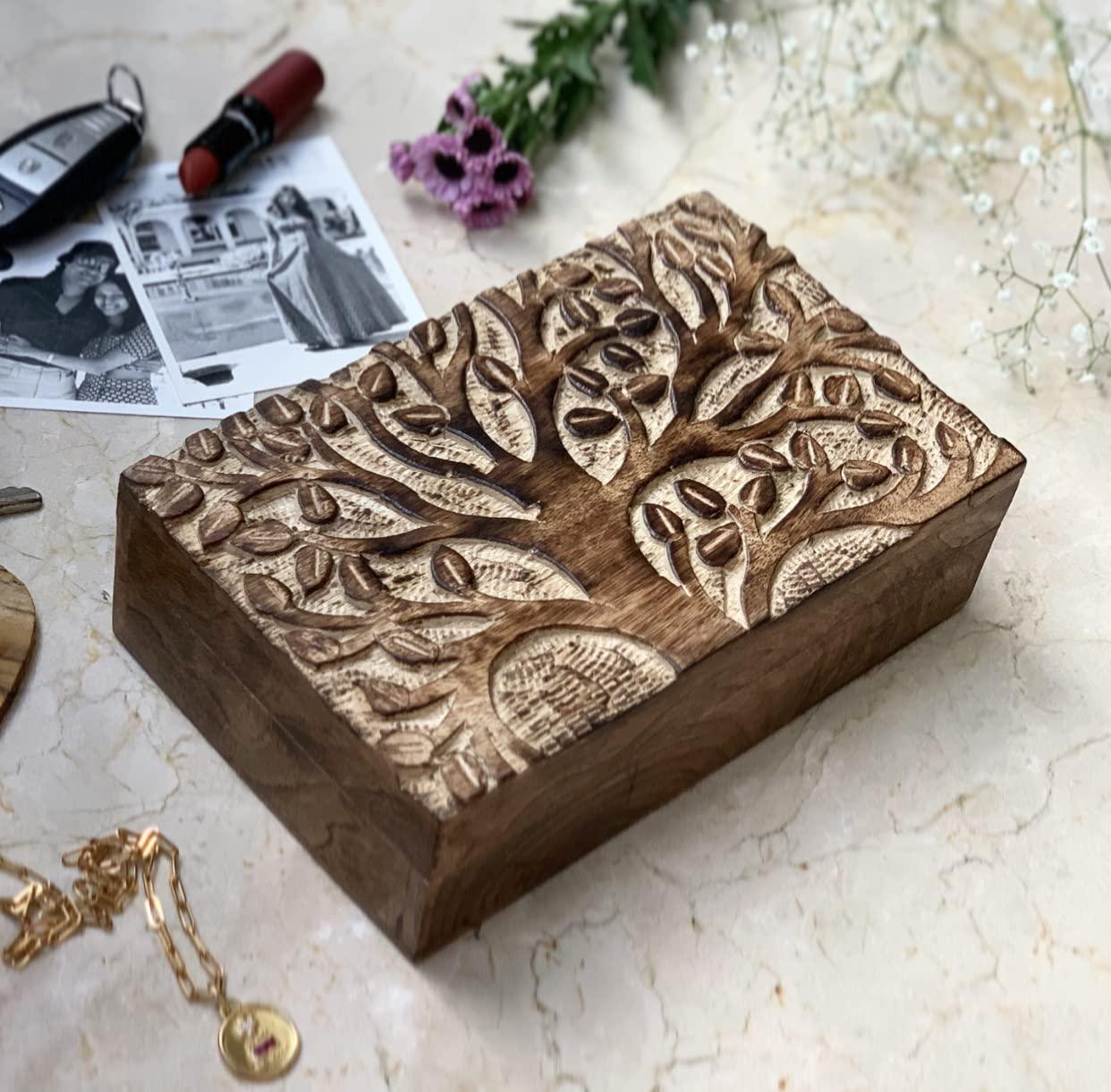 Great Birthday Gift Handmade Decorative Wooden Jewelry Box With Tree Of Life Carving Jewelry Organizer Keepsake Box Treasure Chest Trinket Holder Watch Box Storage Box 20 x 12 cms Housewarming Gifts 1