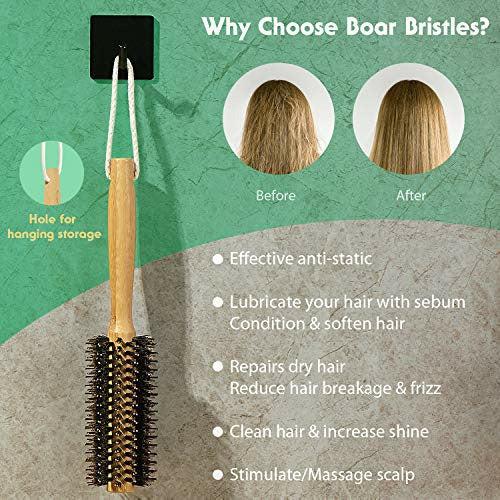 Round Hair Brush Women Bamboo with Pin Tail Comb Natural Boar Bristle Hair Brush for Blow Drying for Women and Men to Style Curling or Straightening Adds Shine and Makes Hair Smooth 1
