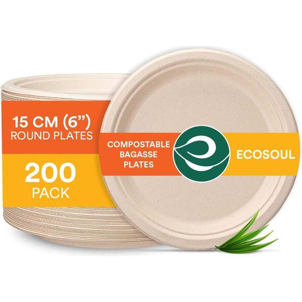 ECO SOUL 100% Compostable 15cm (6") Inch Paper Plates [200-Pack] Disposable Bulk Party Plates I Heavy Duty Eco-Friendly Sturdy Dinner, Wedding, Event Plates I Unbleached Sugarcane Eco Plates