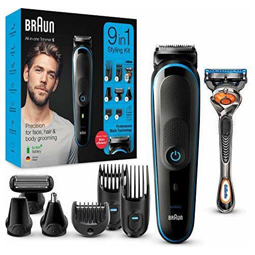 Braun 9-in-1 All-in-one Trimmer 5 MGK5280, Beard Trimmer for Men, Hair Clipper and Body Groomer with AutoSensing Technology and 7 Attachments, Black/Blue, UK Two Pin Plug 0
