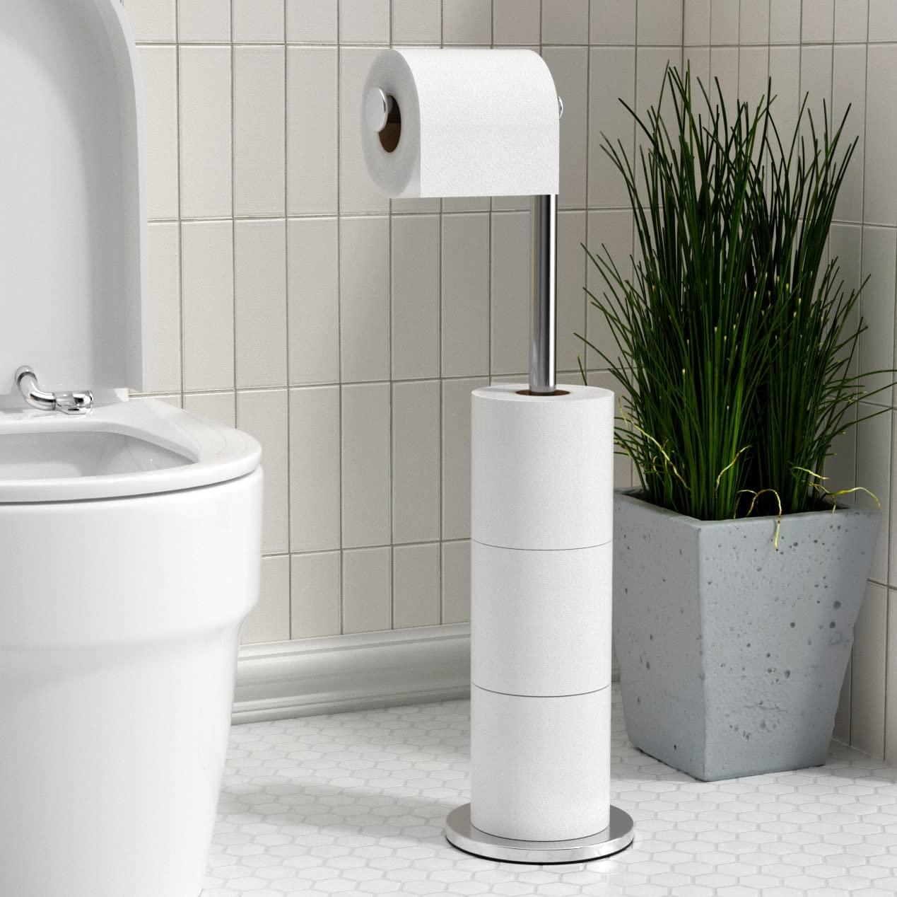 Freestanding Toilet Roll Holders Folding Paper Holder Stainless Steel Bathroom Stand, Anti Rust Pedestal Free Standing Storage Dispenser Holds 5