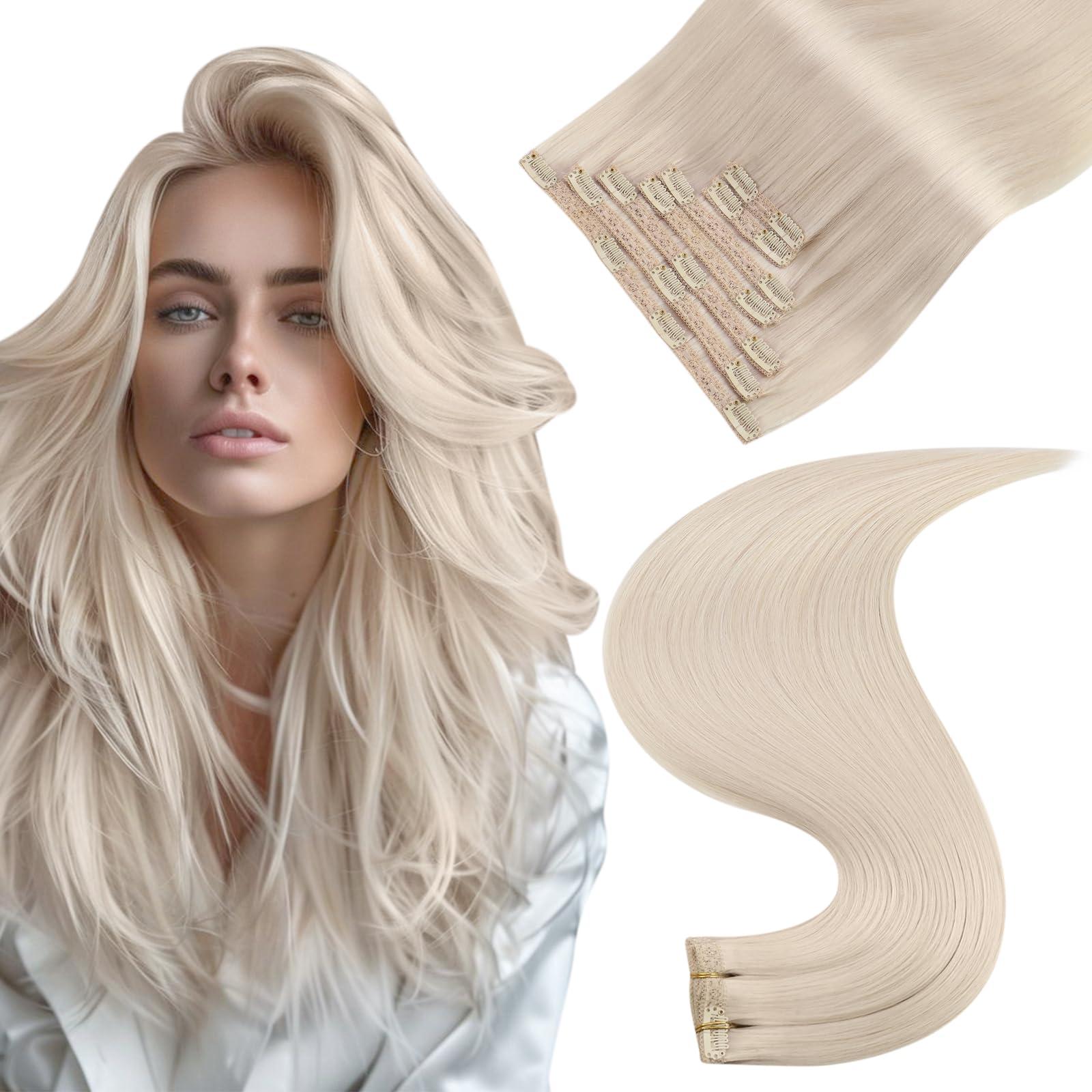 Easyouth Blonde Clip in Extensions Human Hair 14 Inch 70g 7Pcs Double Weft Clip in Hair Extensions Real Hair White Blonde Clip in Human Hair Extensions