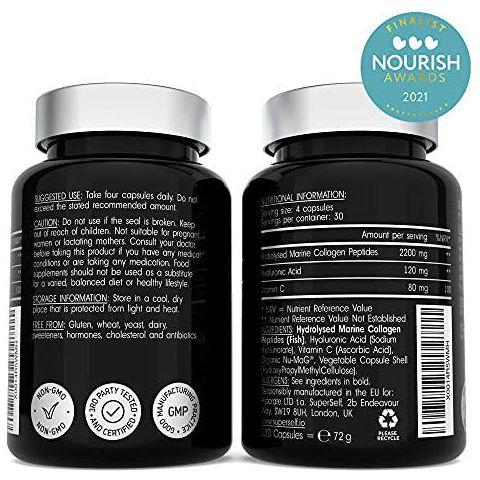 Marine Collagen Supplement 2400mg - 120 Capsules with Hyaluronic Acid and Vitamin C - Premium Type 1 Hydrolysed Collagen Tablets for Women and Men - High Strength Complex for Skin Bones Joints 1